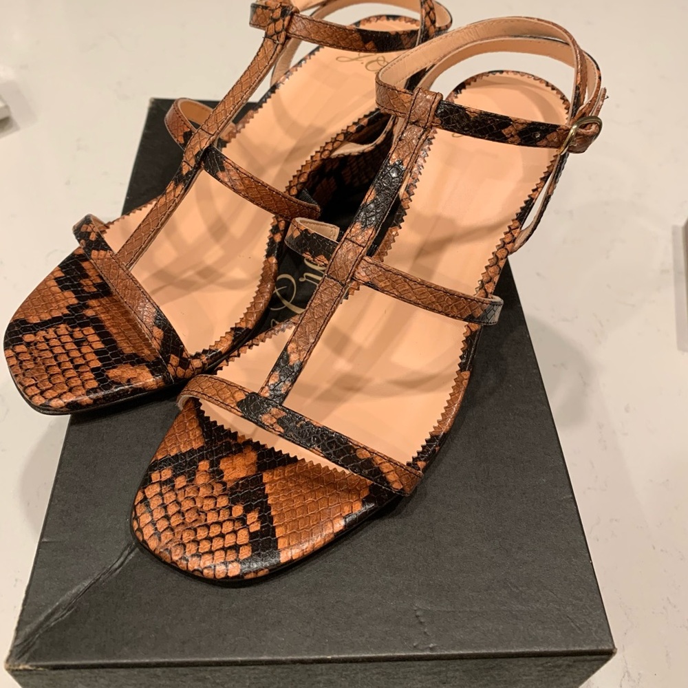J. Crew Brown and Black Snakeskin T-Strap Sandals
